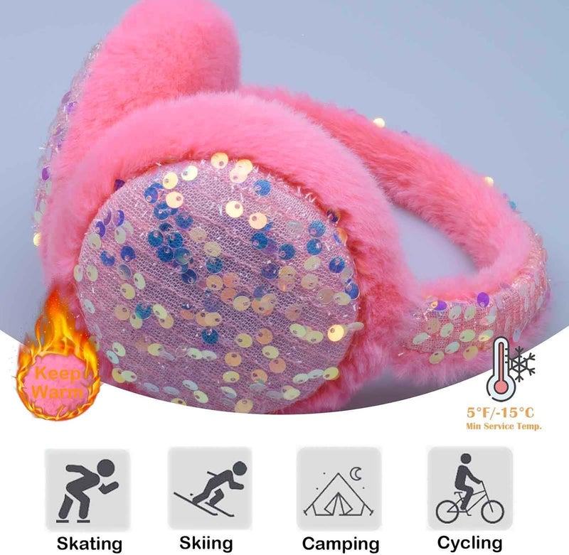 FYBW Ear Muffs Gloves Set for Kids, Winter Adjustable Sequins Warm Earmuffs for Kids Outdoor Cold Weather - Image 2